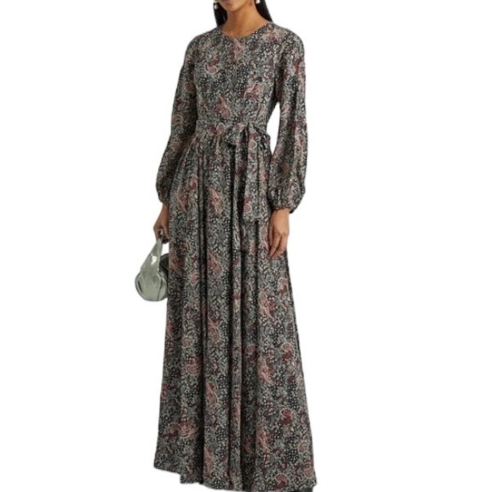 Mikael Aghal Pleated Printed Black Long Sleeve Crepe de Chine Maxi Dress Size 6